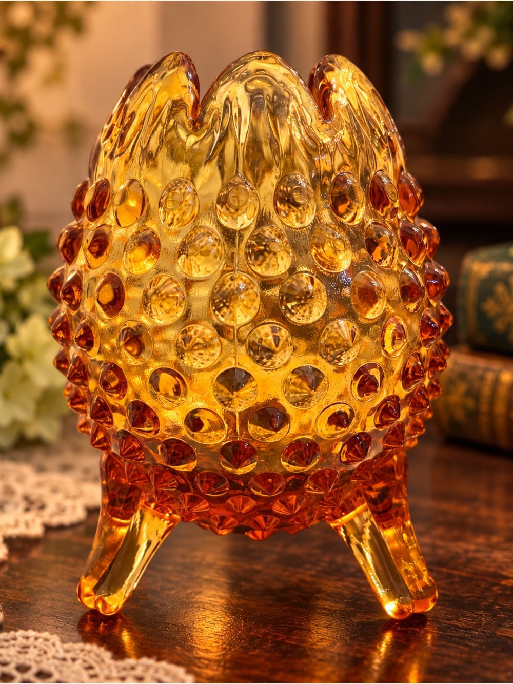 Vintage Fenton Amber Hobnail Three-Footed Art Glass